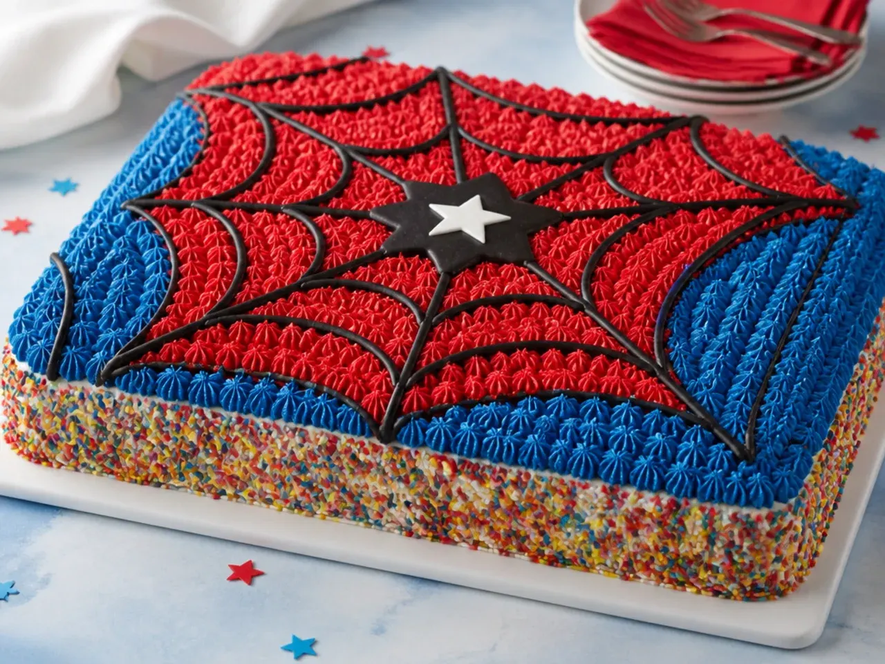 Colorful Spiderman sheet cake with red and blue top and rainbow sprinkle sides