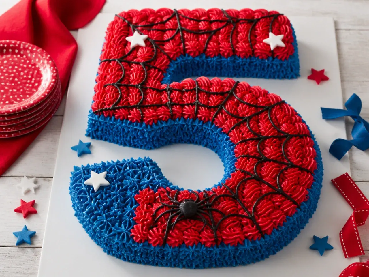 Festive Spiderman sheet cake cut into a number shape with red and blue frosting