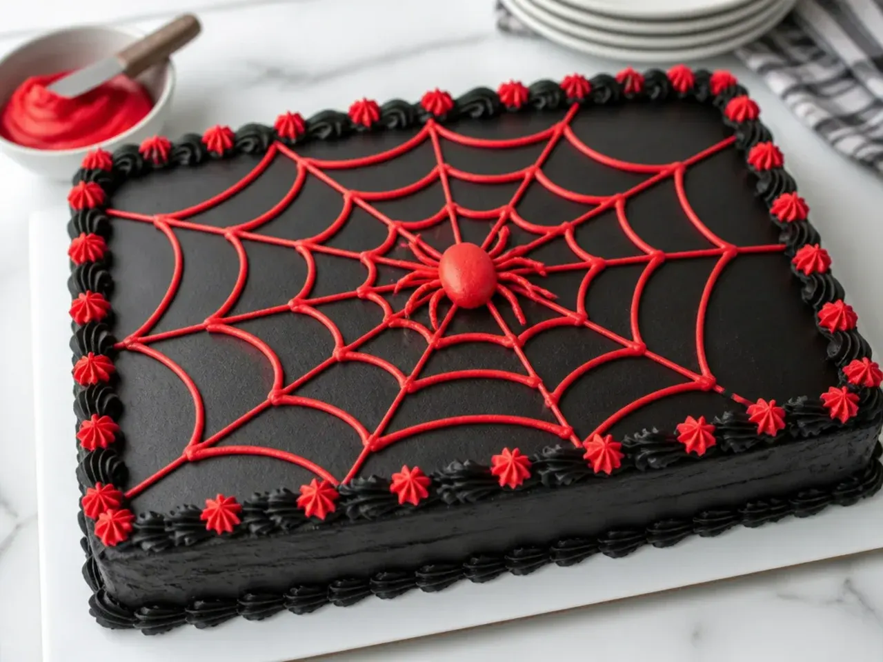 Bold black buttercream Spiderman sheet cake with bright red web lines