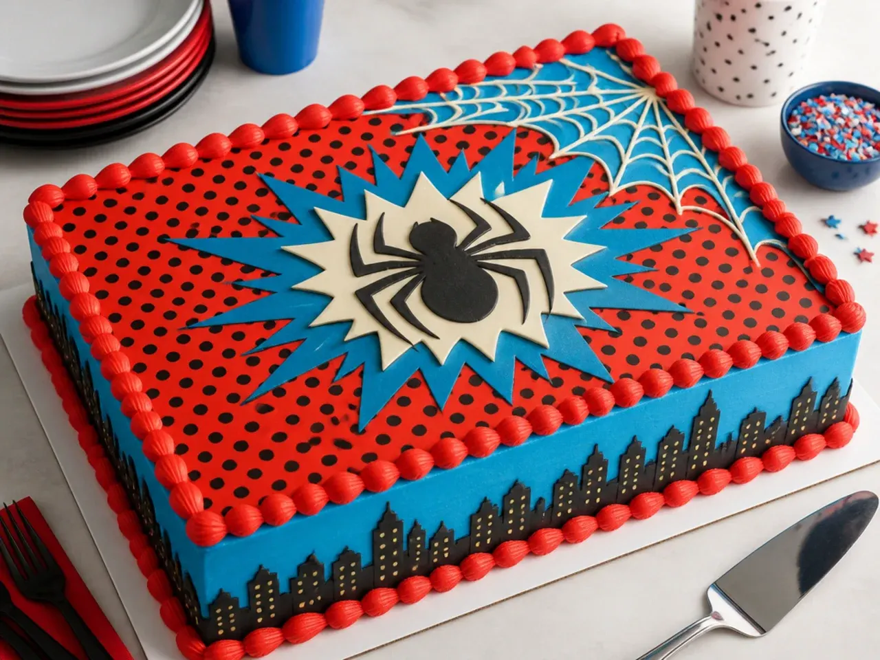 Vintage comic halftone Spiderman sheet cake with red dot pattern and web corner