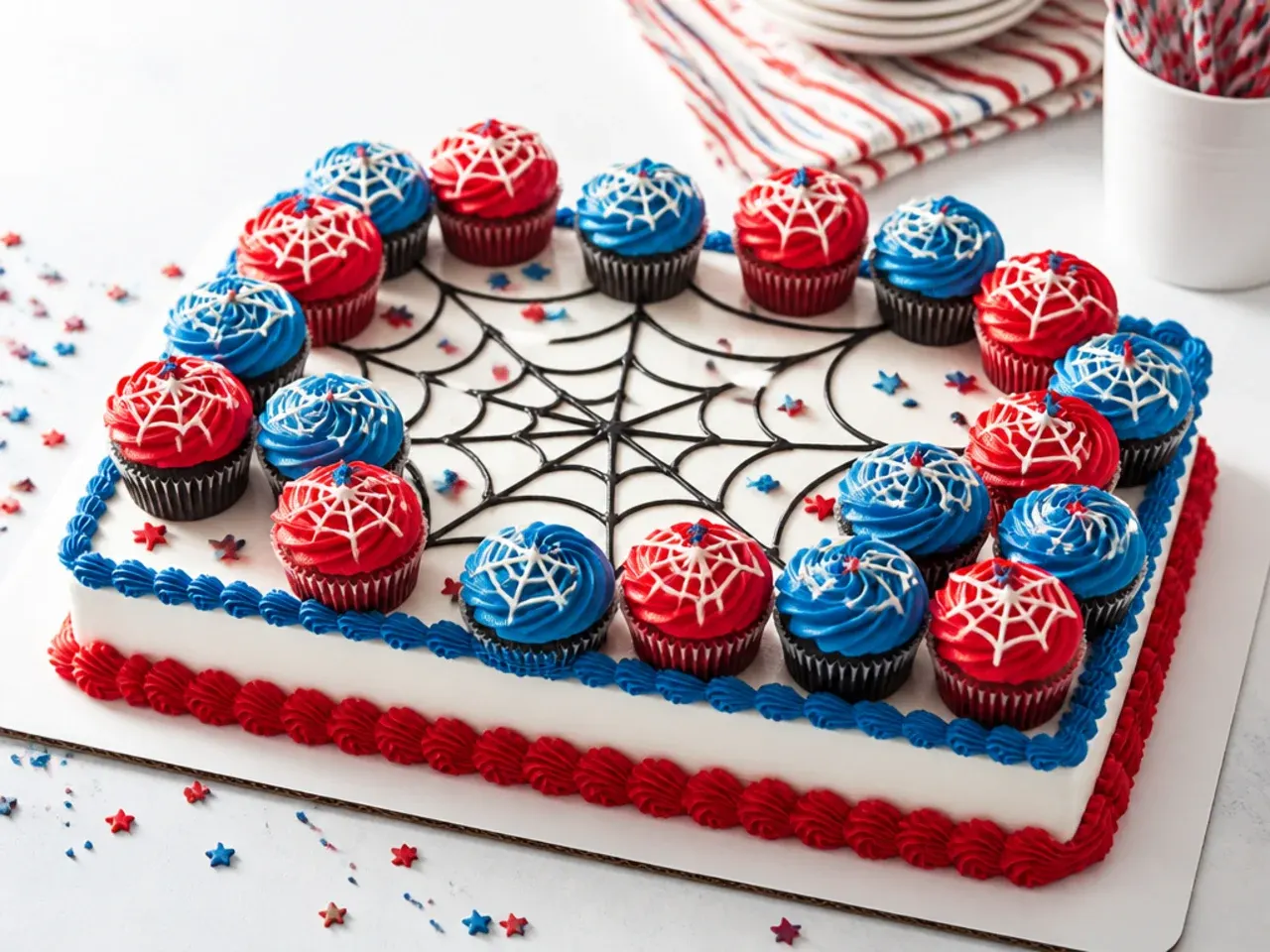 Charming Spiderman sheet cake topped with red and blue mini cupcakes and web accents