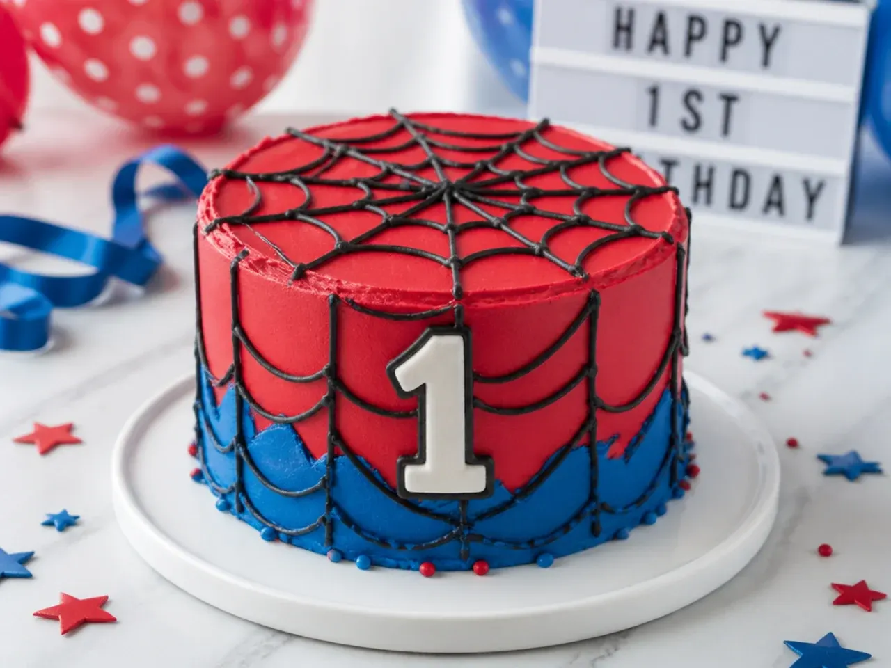 Classic red and blue Spiderman-inspired smash cake with black piped web for a 1st birthday