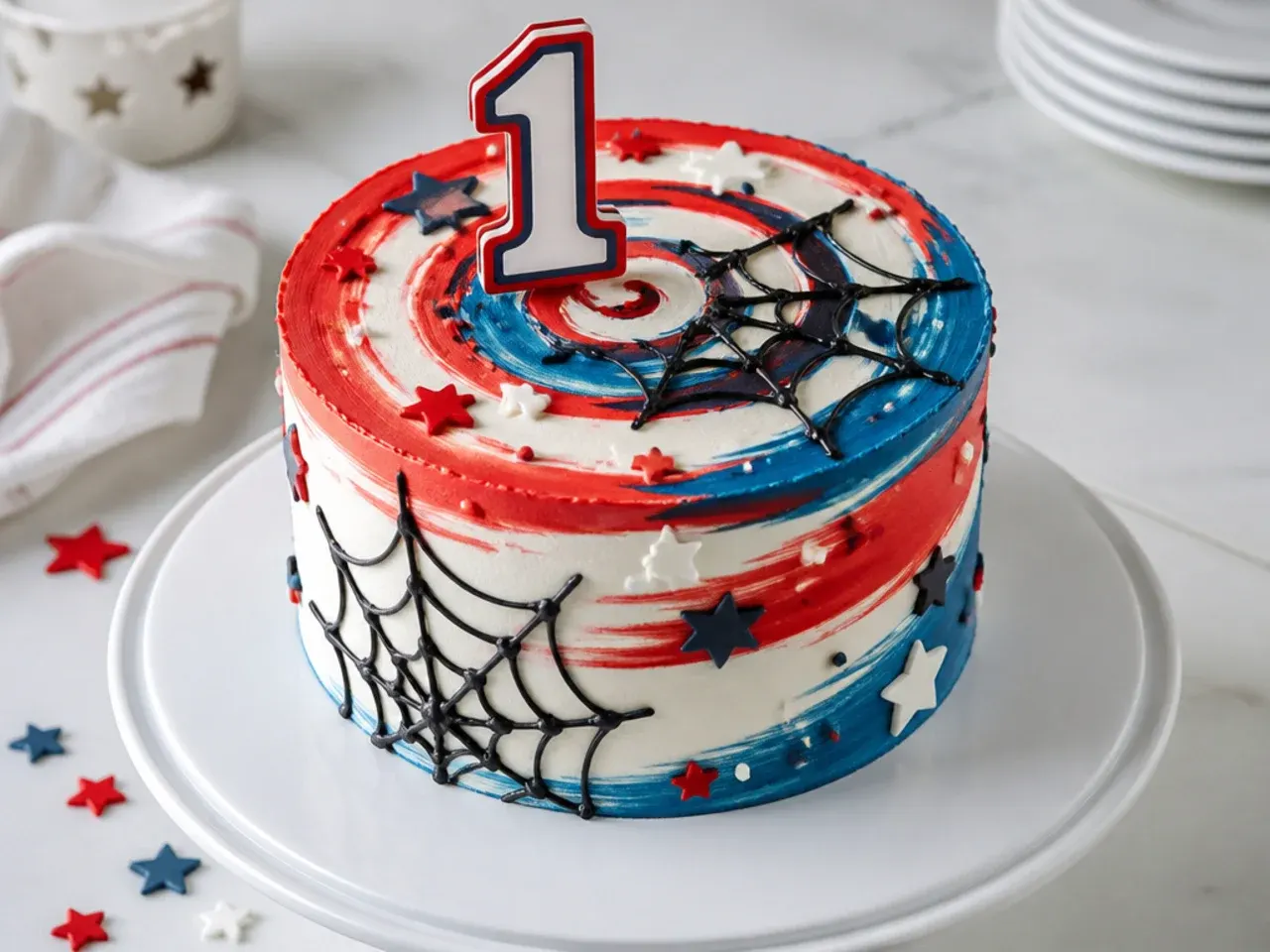 Easy two-colour swirl spiderman smash cake in red, white and blue for a first birthday