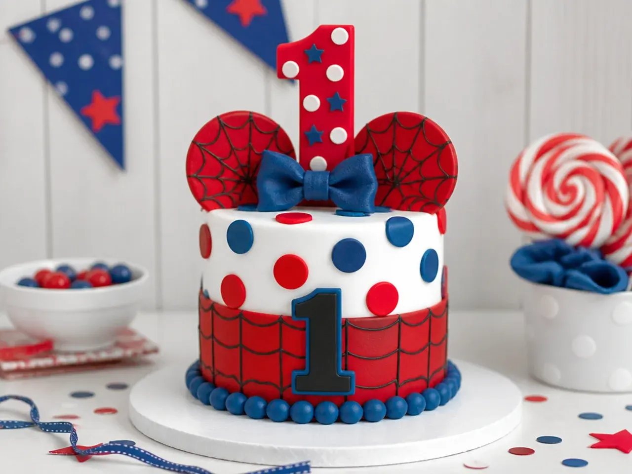 Playful polka dot spiderman-inspired first birthday smash cake in red, white and blue
