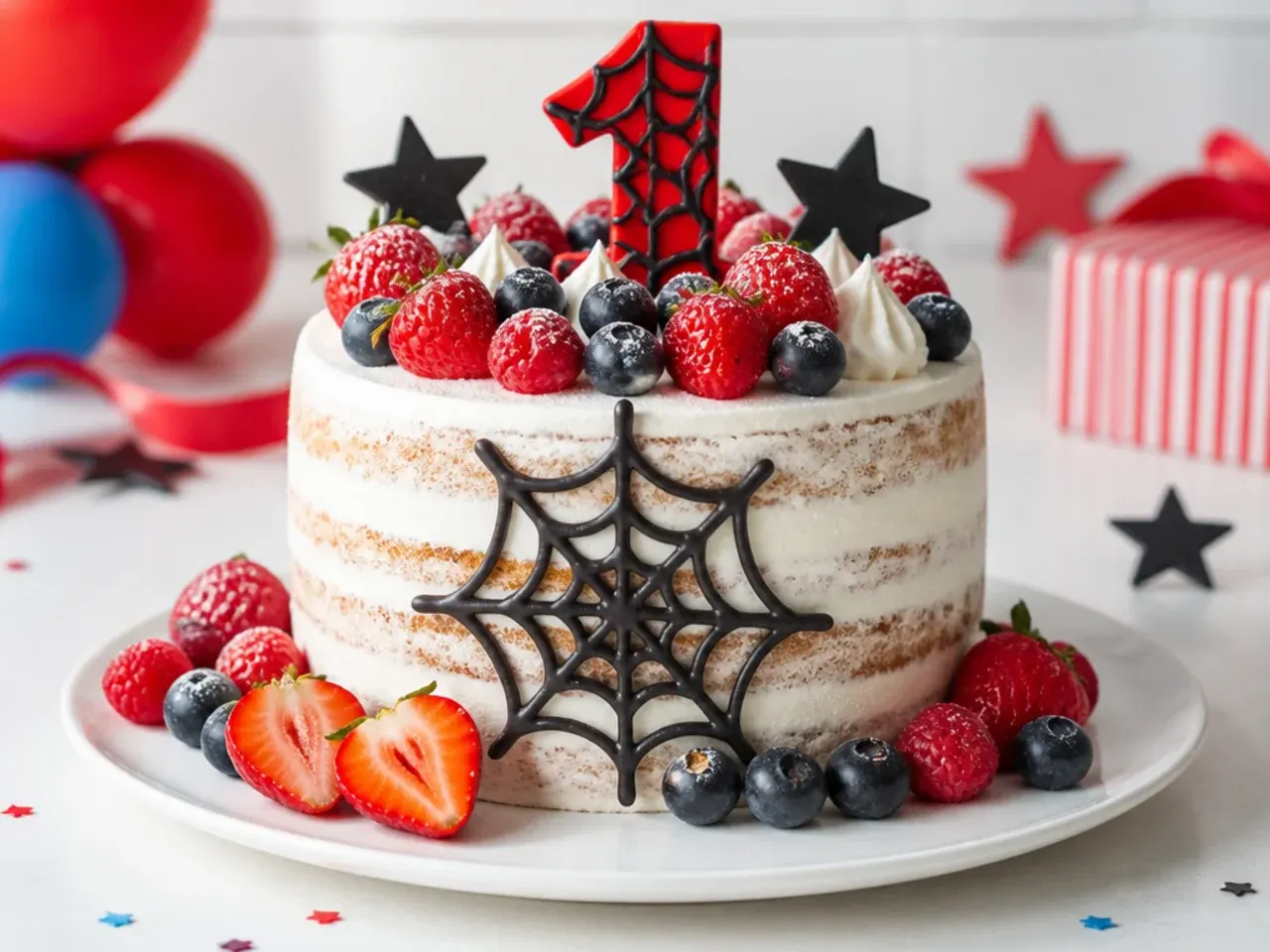 Rustic semi-naked smash cake with fresh red and blue berries for a spiderman theme first birthday