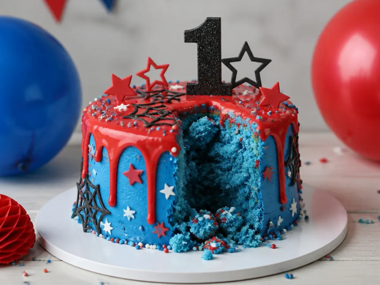 Colourful blue smash cake with red candy drip and sprinkles, a spiderman smash cake idea