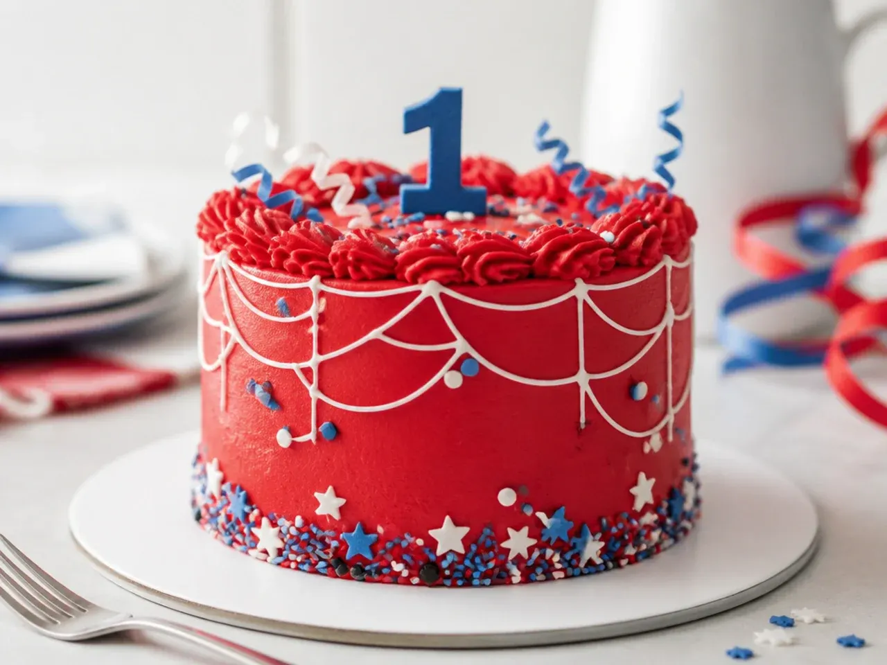 Festive red smash cake with confetti sprinkles and streamer piping for a spiderman first birthday