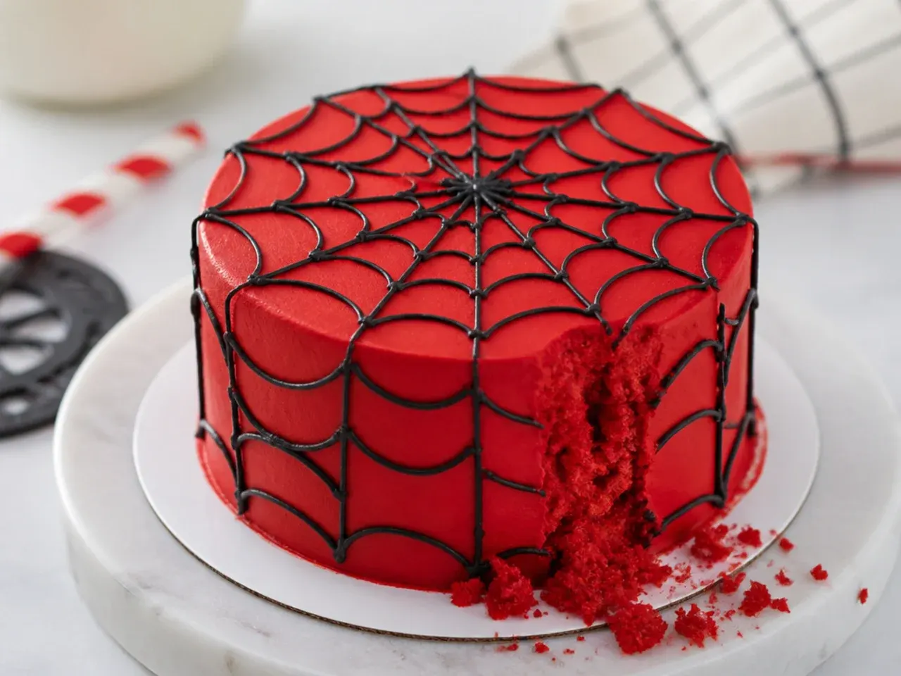 Bold red spiderman smash cake covered in a full black piped web on top and sides