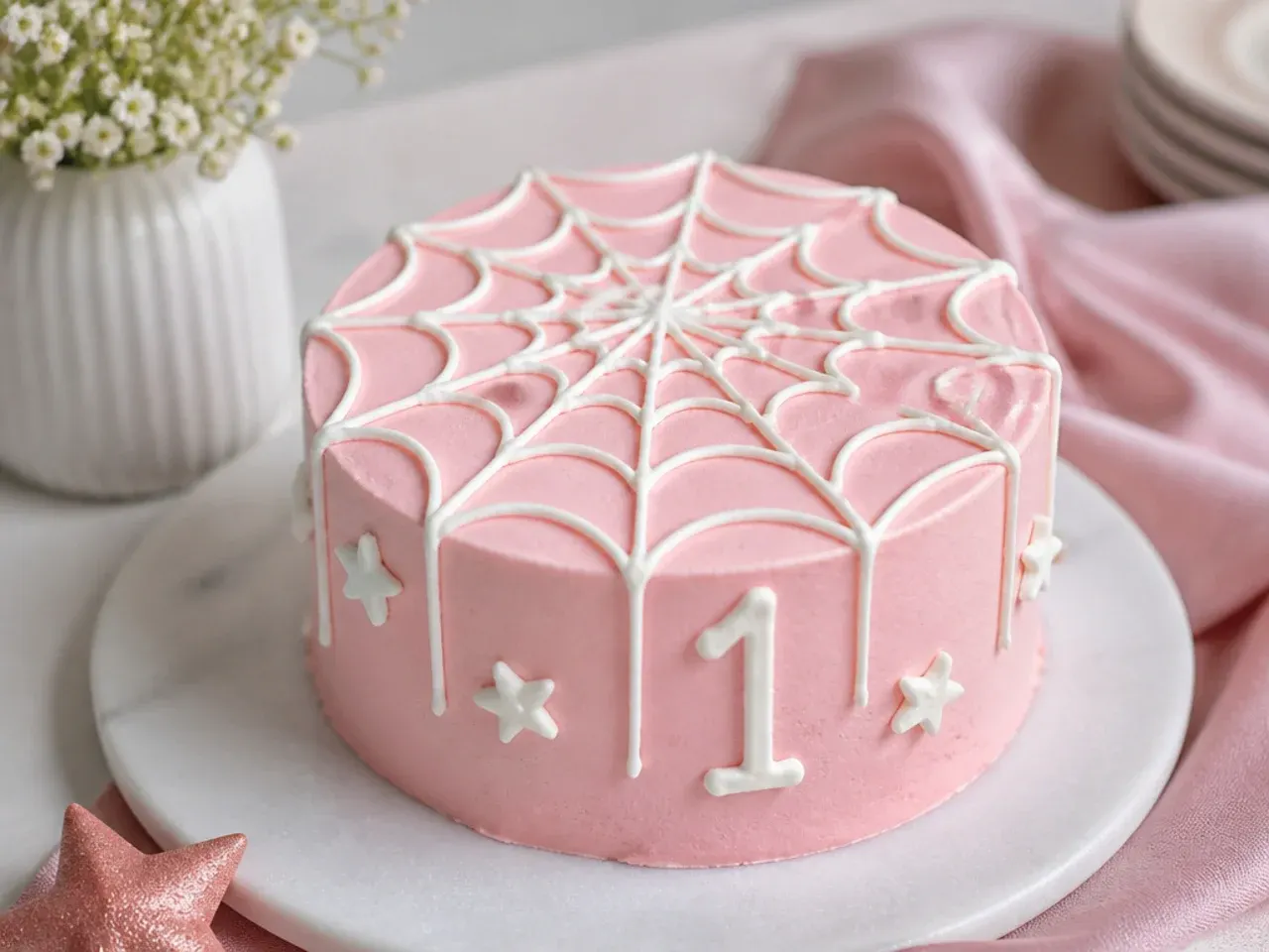 Delicate pastel pink smash cake with white piped web, a soft spiderman smash cake idea