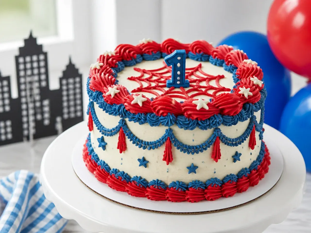 Vintage Lambeth-style piped smash cake in red, white and blue for a spiderman first birthday