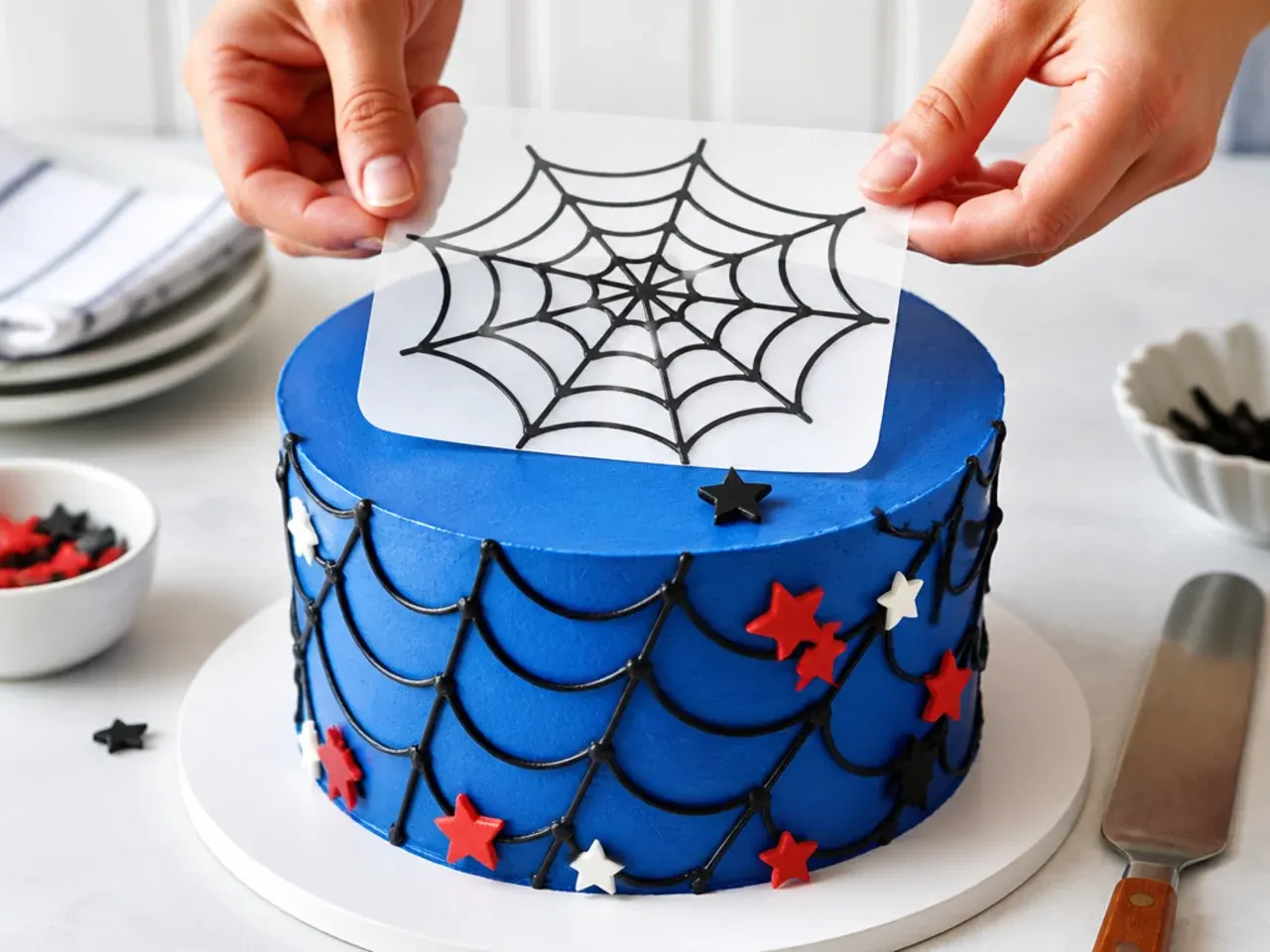 Buttercream transfer web design being placed on a creative spiderman smash cake