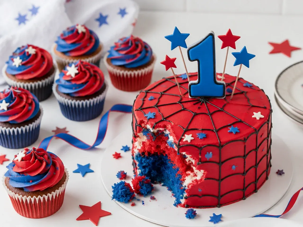 Spiderman smash cake with matching red and blue swirl cupcakes for first birthday guests