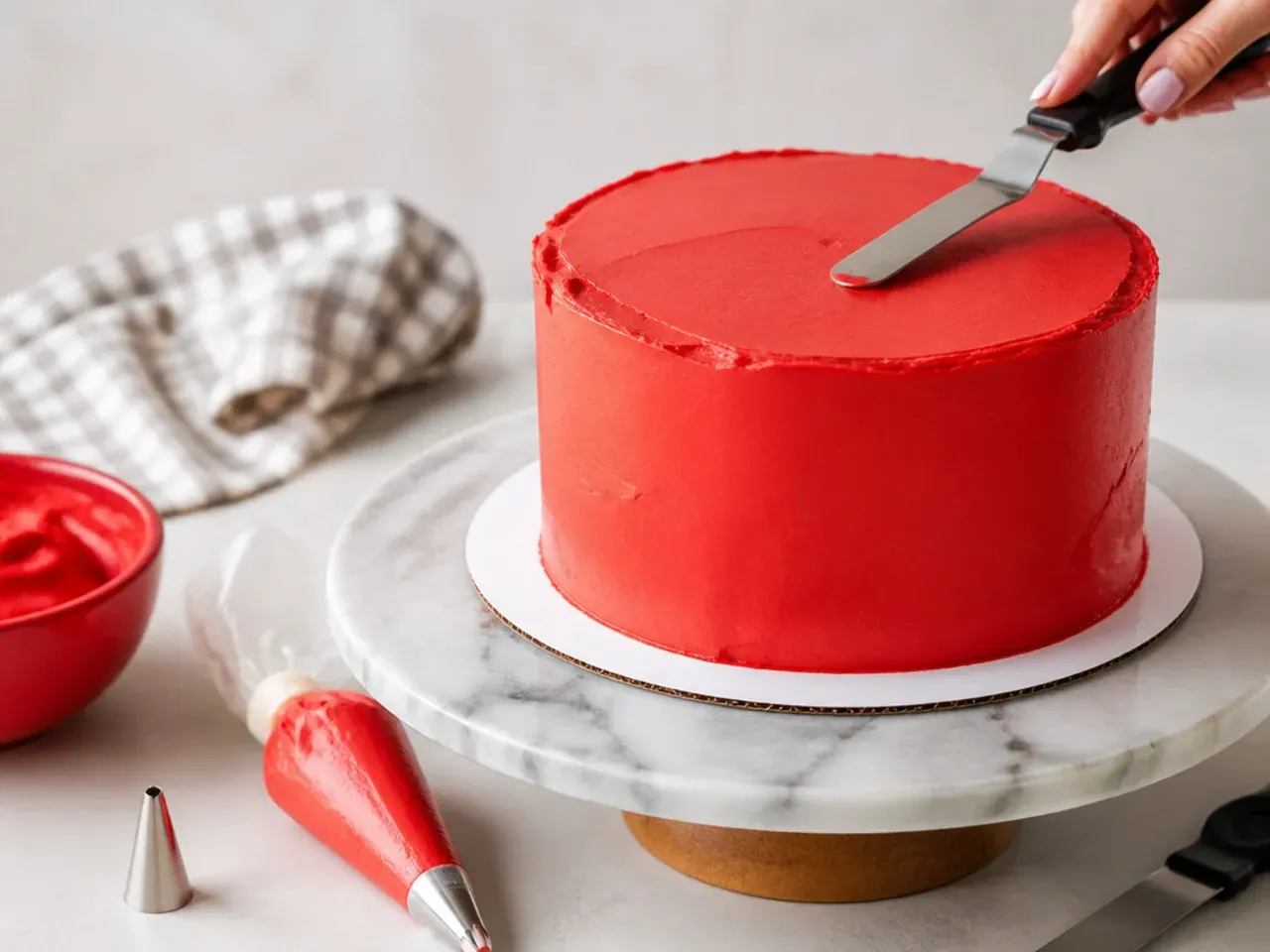 Smoothing red buttercream on a spiderman smash cake with piping tools laid out