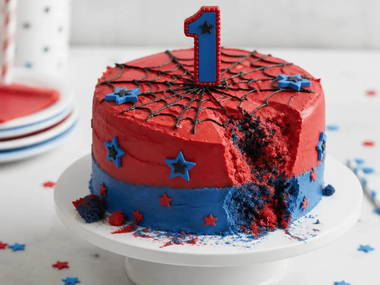 Red and blue frosted first birthday smash cake showing spiderman smash cake decorating pitfalls to avoid