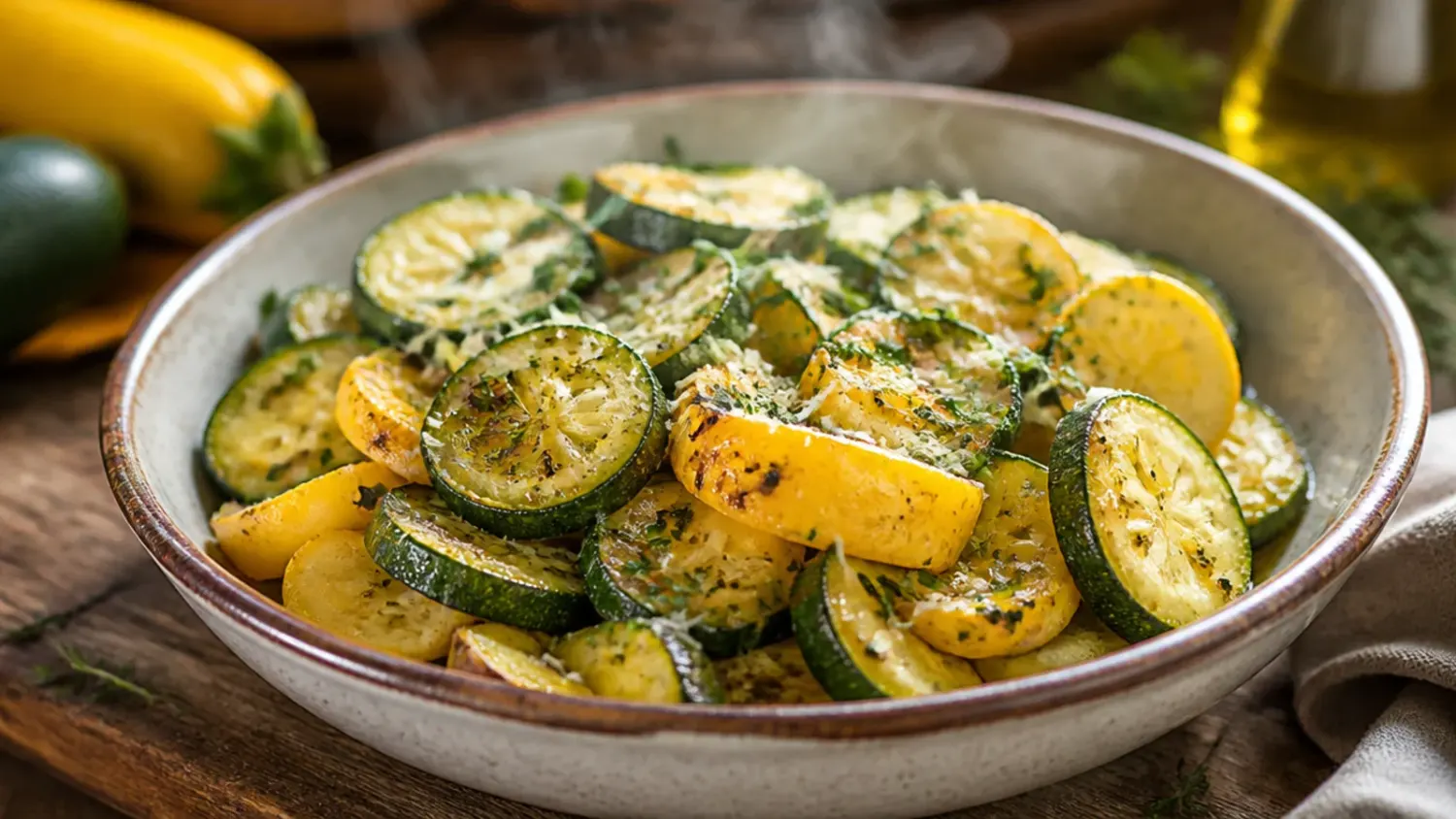 Overhead shot of a golden baked zucchini and yellow squash casserole in a white dish, topped with melted cheese and crispy breadcrumbs