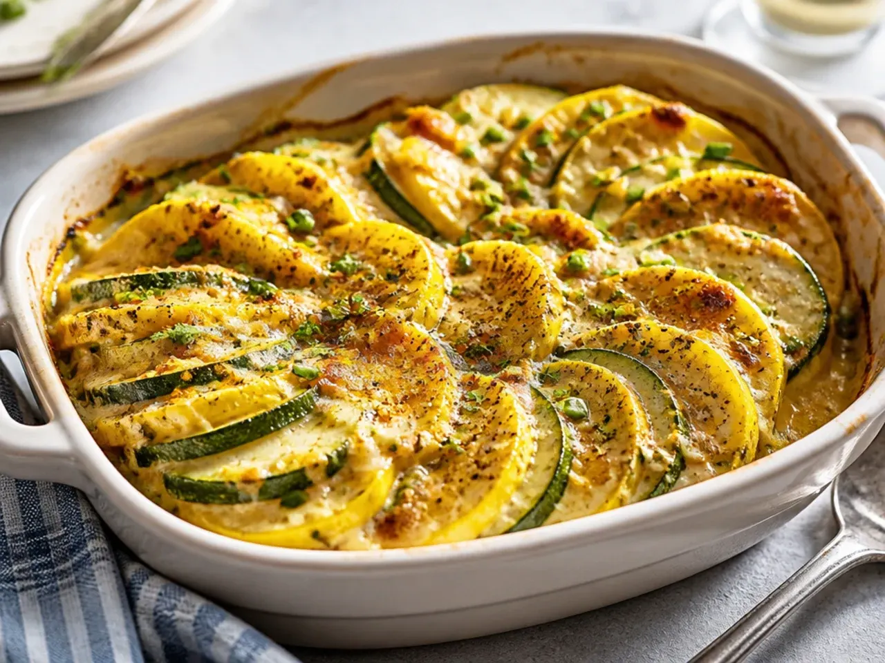 Wooden board piled with fresh zucchini and yellow squash next to a mixing bowl, ready to cook