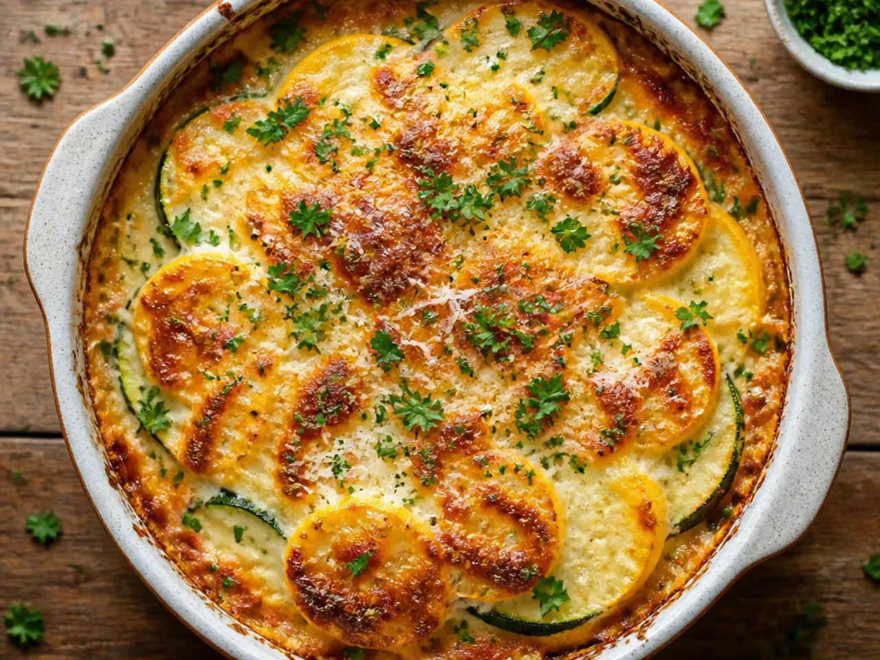 Golden baked zucchini and squash casserole with a crispy panko and cheese topping in a white ceramic dish