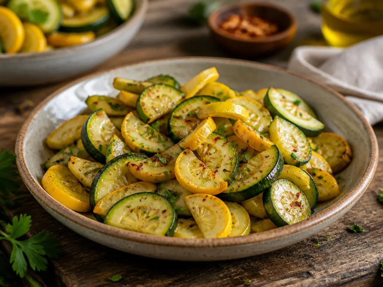 Skillet of sautéed zucchini and yellow squash rounds with golden caramelised edges
