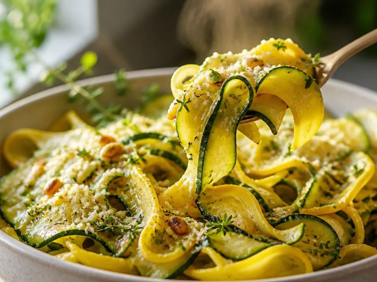 Bowl of raw zucchini and squash ribbon salad topped with shaved Parmesan and mint