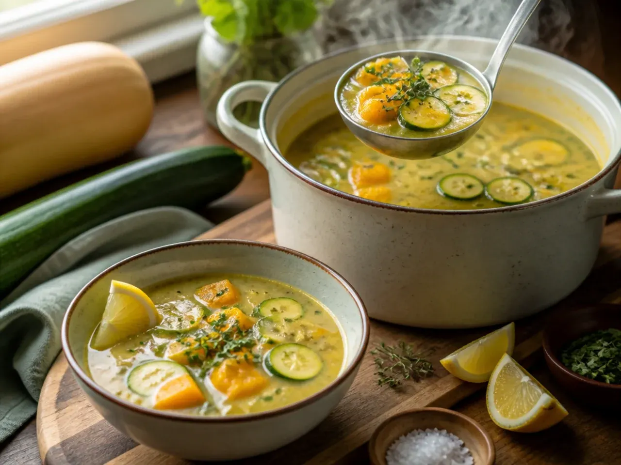 Bowl of creamy blended zucchini and squash soup garnished with crispy sage leaves