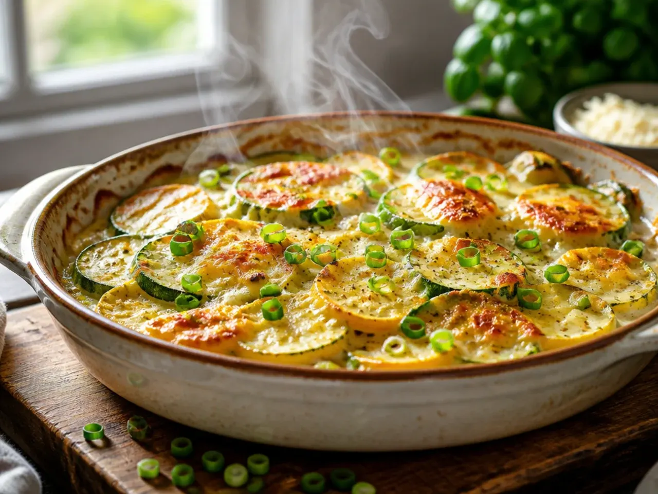 Close-up of a bubbling Parmesan zucchini and squash gratin fresh from the oven