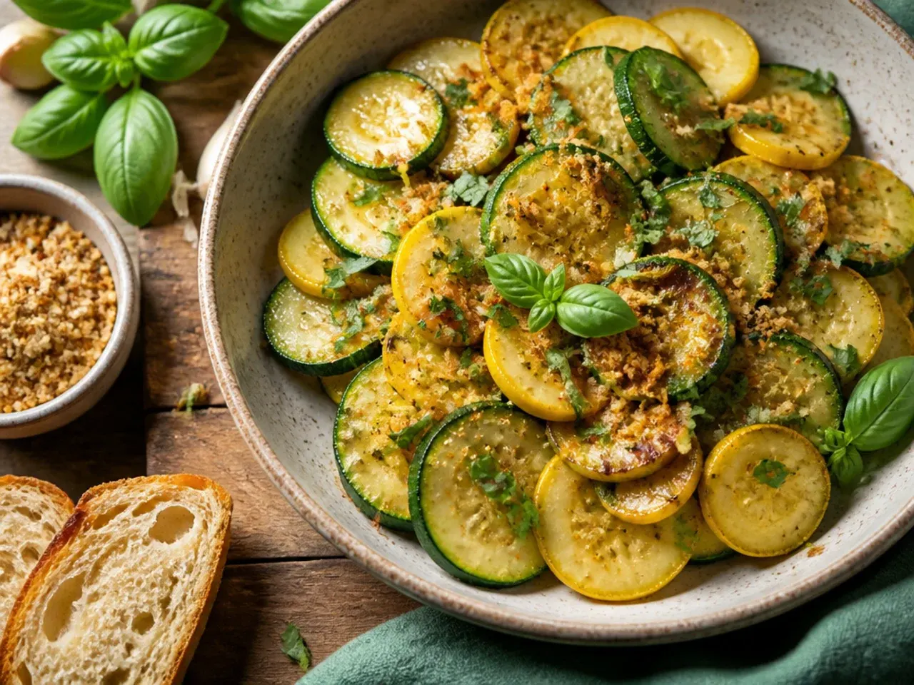 Zucchini and squash rounds sizzling in garlic butter in a cast iron skillet