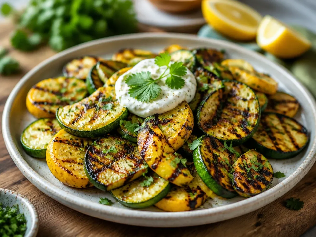Char-grilled zucchini and squash planks with lemon zest and parsley on a platter