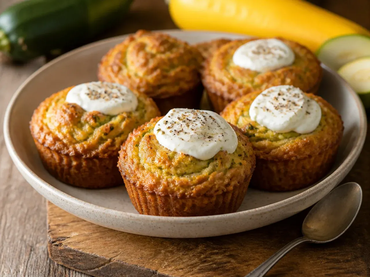 Rows of golden zucchini and squash muffins cooling on a wire rack