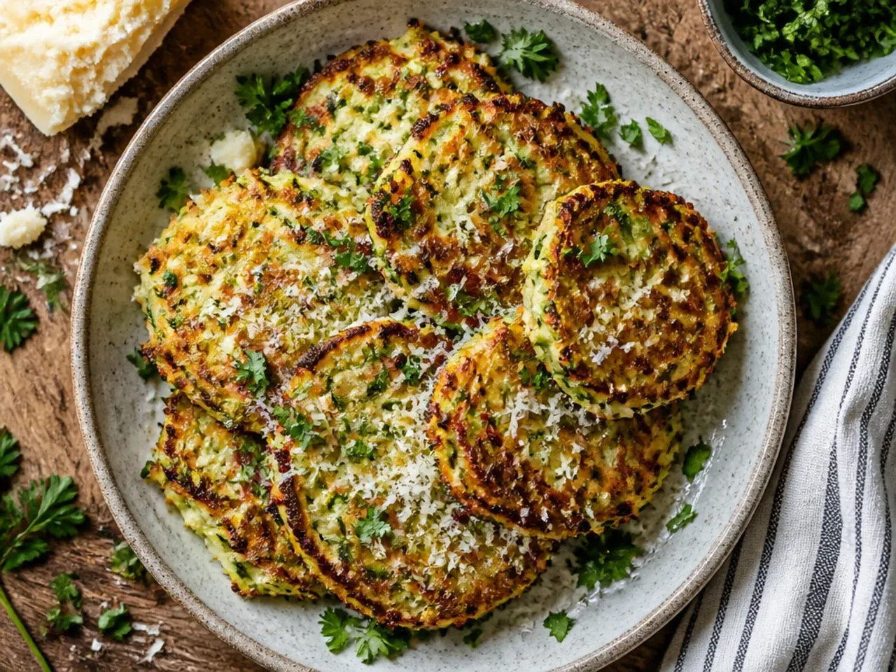 Plate of crispy golden zucchini and squash fritters with a bowl of garlic yoghurt dip