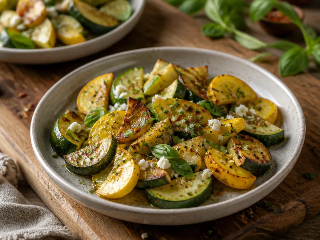 Sheet pan of roasted zucchini and squash chunks with caramelised edges