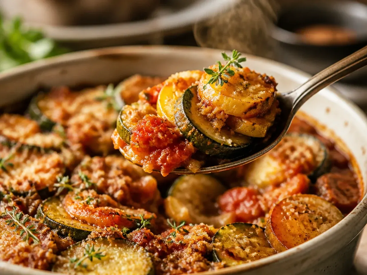 Rustic ratatouille-style bake with overlapping rounds of zucchini, squash and tomato