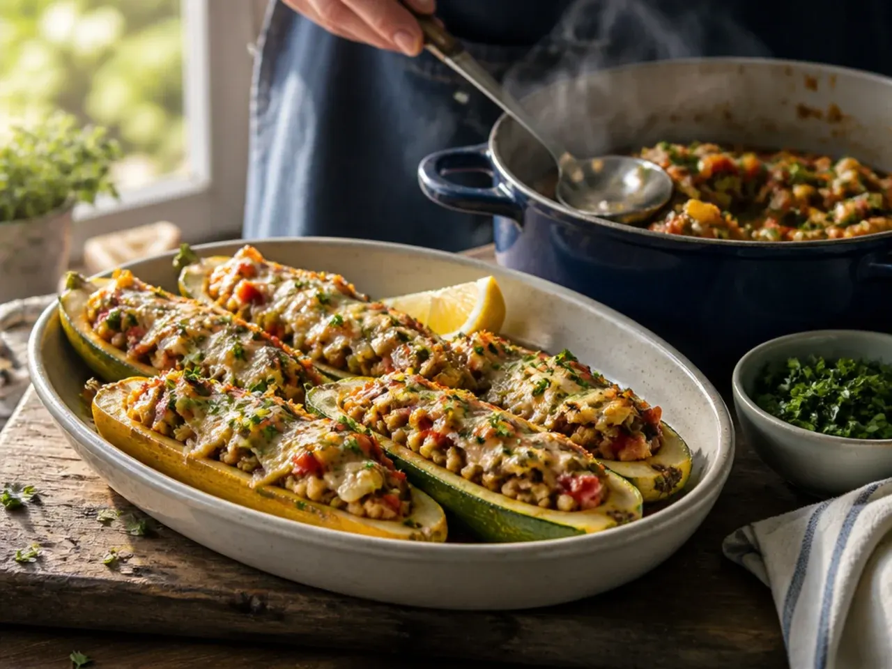 Stuffed squash boats filled with cheese and sausage, fresh out of the oven