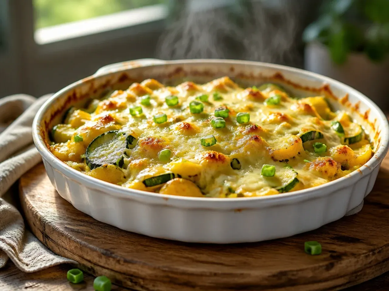 Baking dish of cheesy zucchini noodle bake with meat sauce, partially served