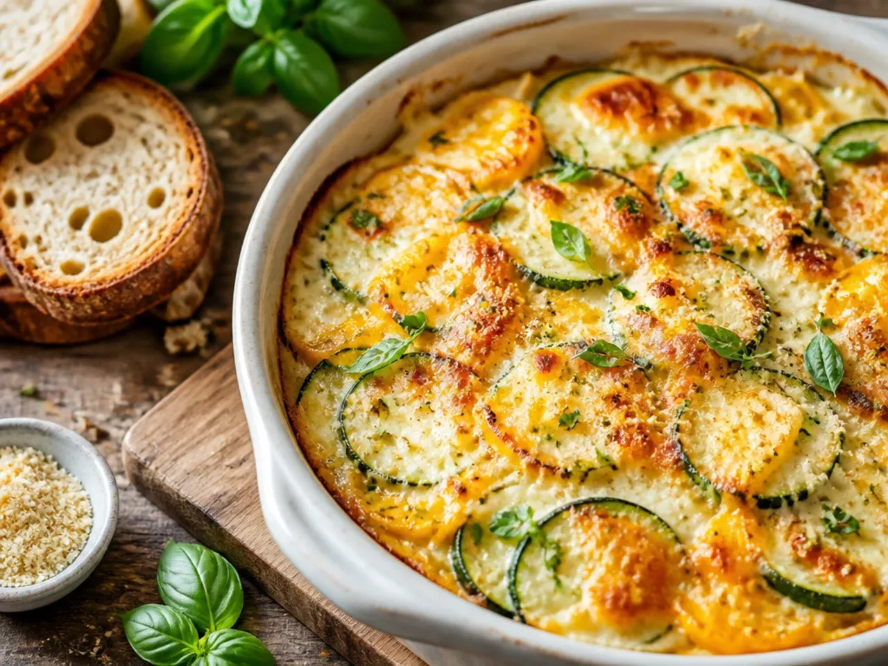 Elegant double-cheese zucchini and squash gratin sliced to show golden layers