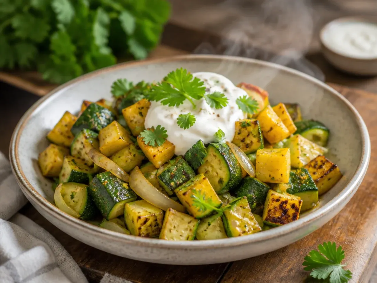 Wok of quick stir-fried zucchini and squash half-moons glossy with sauce
