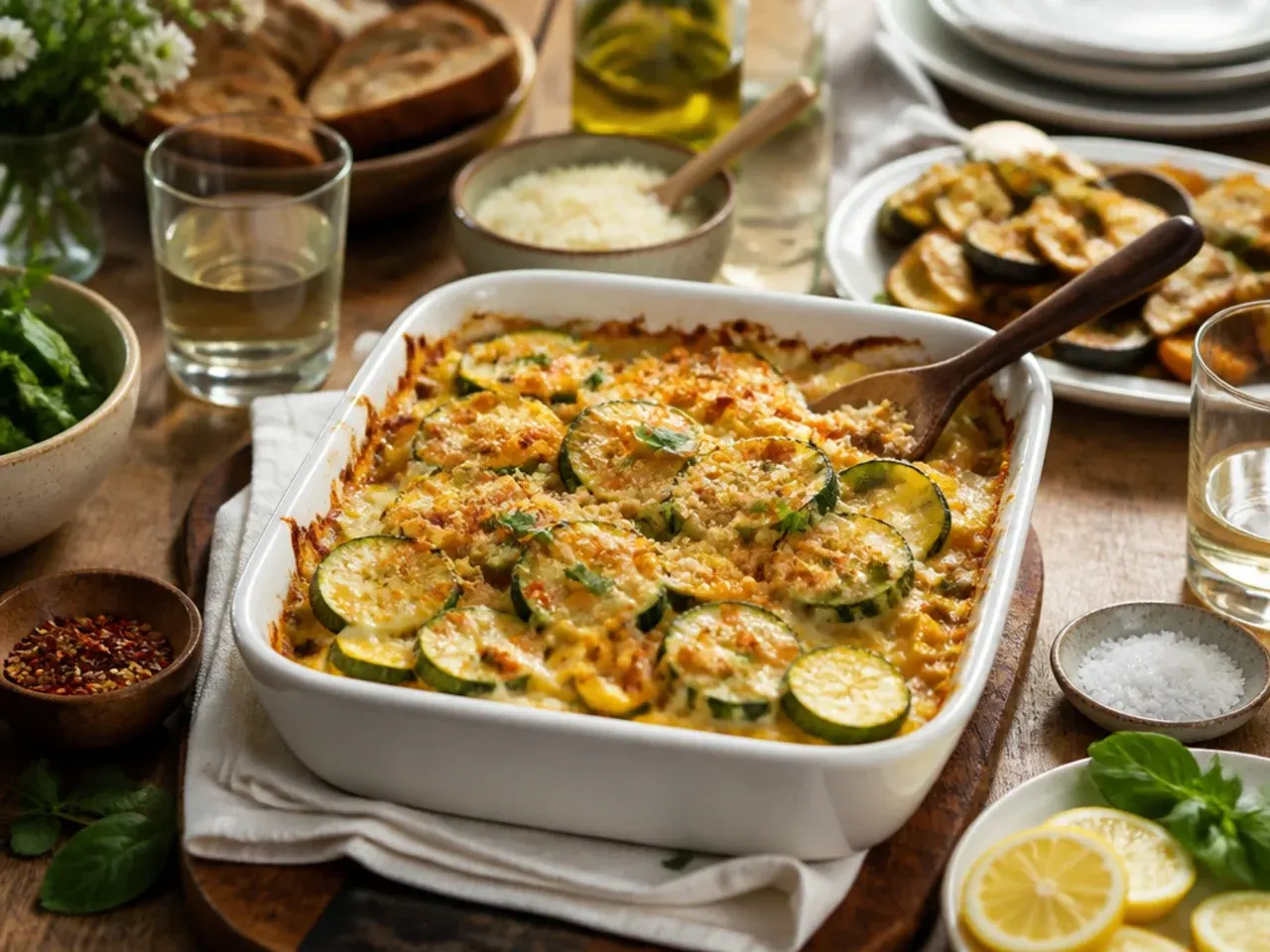 Table spread with grilled zucchini and squash alongside chicken and a green salad