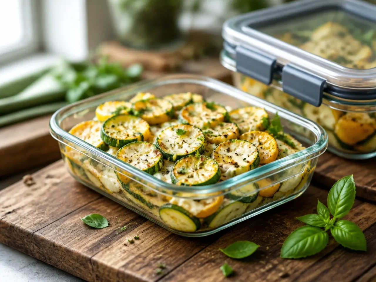 Airtight containers of leftover zucchini and squash casserole ready for the fridge