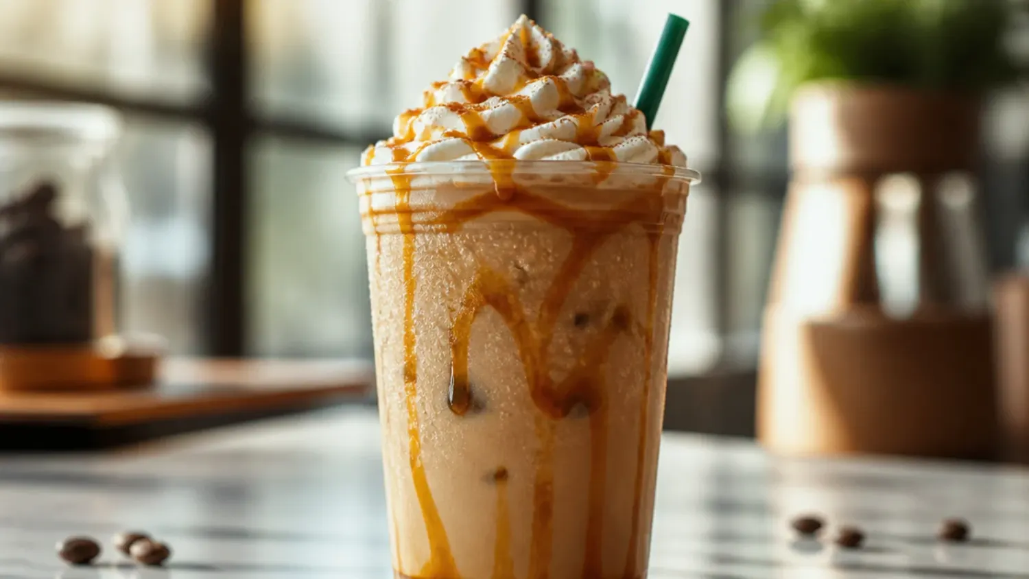 A collection of homemade copycat Starbucks coffee drinks including an iced caramel macchiato, a frothy latte, and a blended frappuccino topped with whipped cream