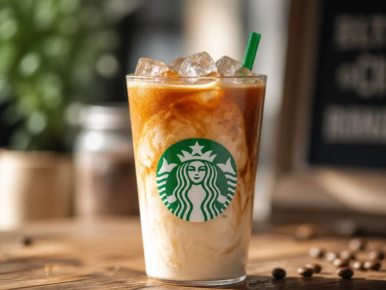 Overhead shot of several homemade copycat Starbucks coffee drinks arranged on a wooden table