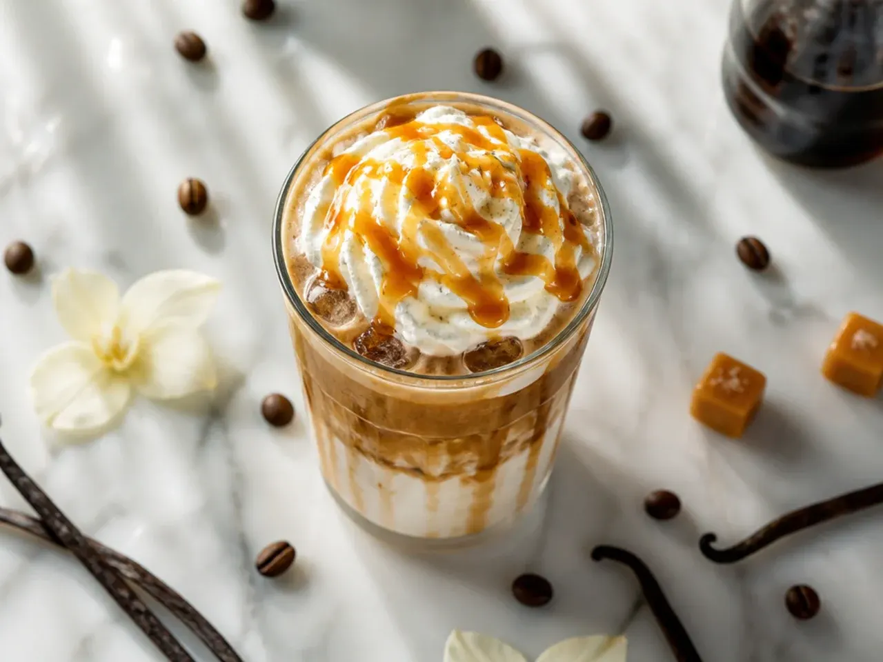 Iced vanilla caramel macchiato in a tall glass with layered espresso and caramel drizzle