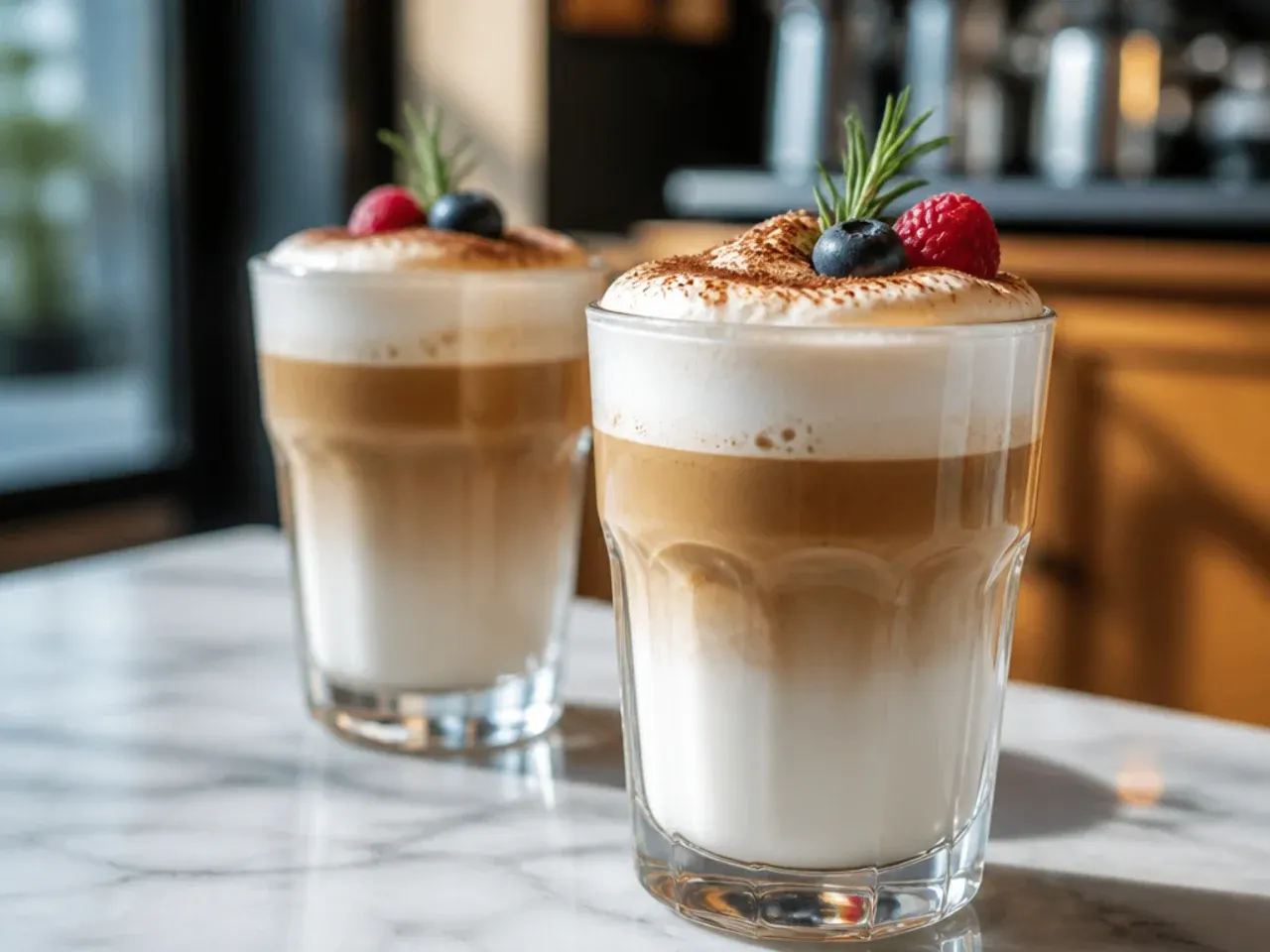 Classic cappuccino with thick foam cap dusted with cocoa in a white ceramic cup