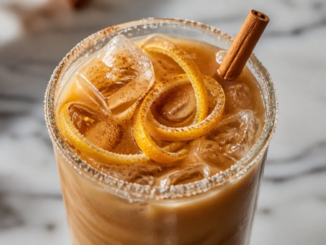 Pumpkin spice latte topped with whipped cream and a dusting of cinnamon in a glass mug