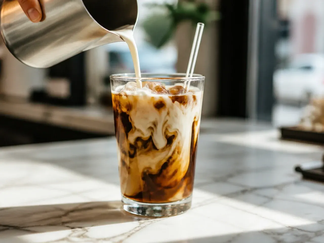 Cold brew coffee with vanilla sweet cream swirling through the glass over ice
