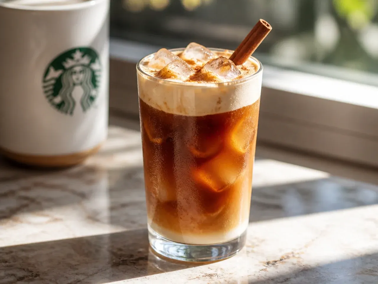 Iced shaken espresso with a frothy top poured into a tall glass over ice