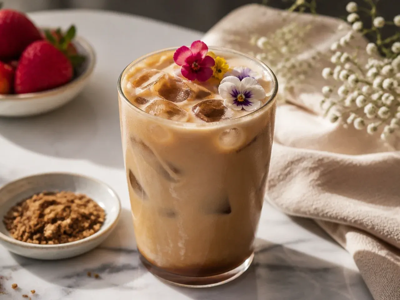 Brown sugar oatmilk latte with cinnamon dusted foam in a ceramic mug