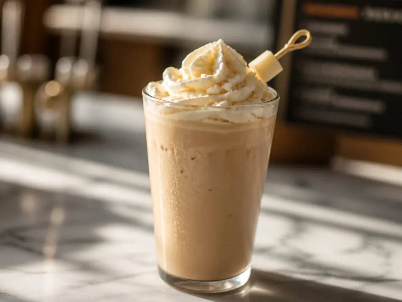 White chocolate mocha topped with whipped cream and white chocolate drizzle