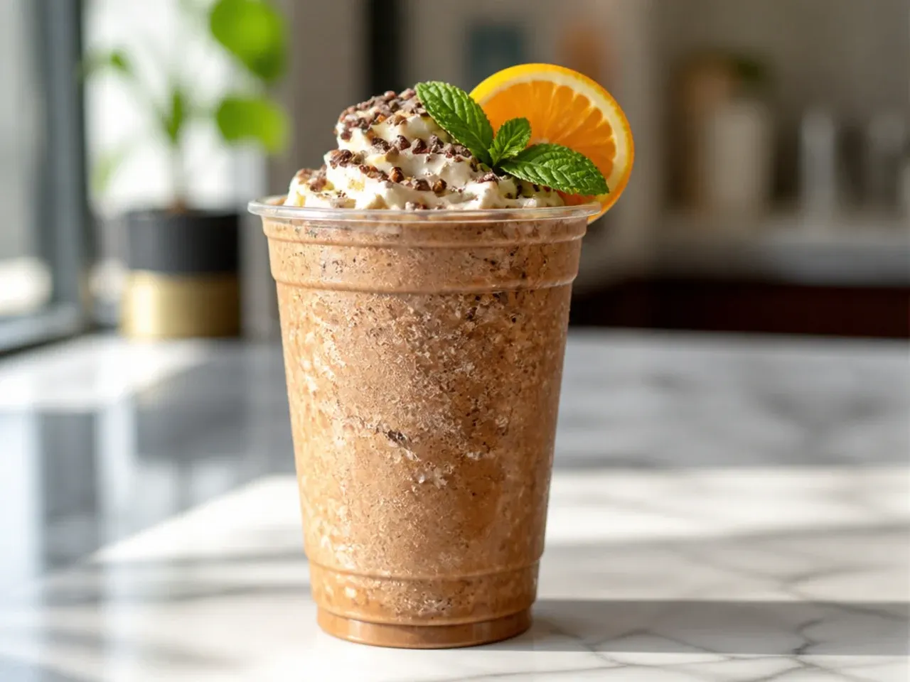 Frozen java chip frappuccino in a glass lined with chocolate syrup and topped with whipped cream