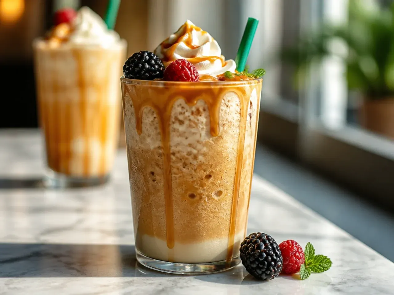 Caramel frappuccino blended thick and topped with whipped cream and caramel drizzle