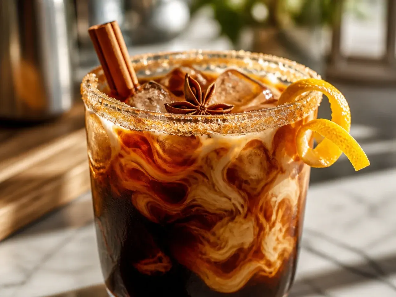 Iced dirty chai latte with espresso swirled through spiced chai over ice