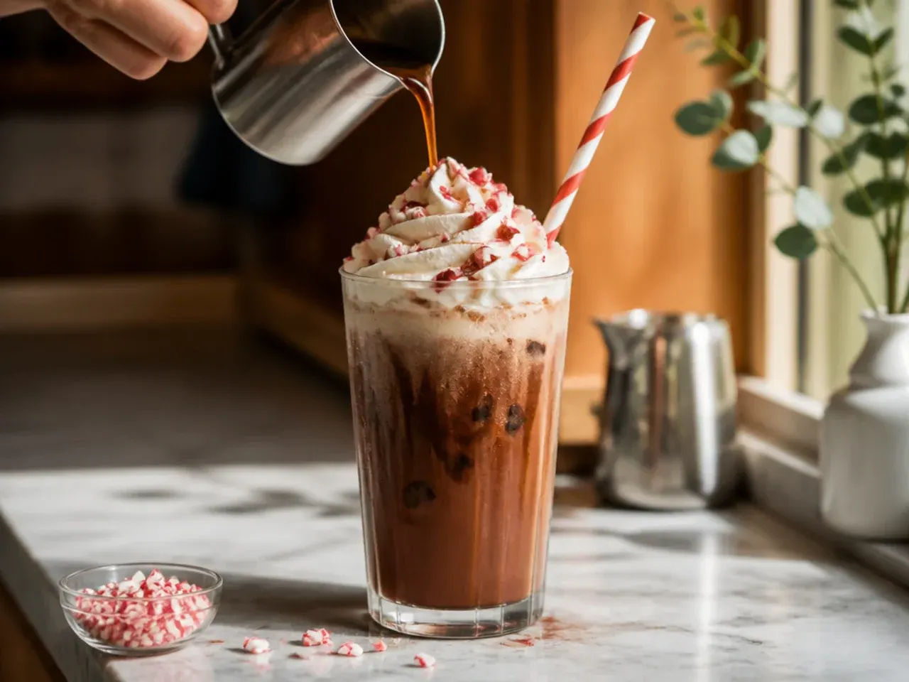 Peppermint mocha topped with whipped cream, chocolate drizzle, and crushed candy cane
